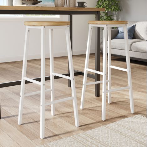 Taburete de bar con asiento en efecto madera, doble reposapiés, patas regulables, metal blanco (1/5)