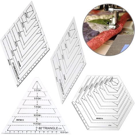 Lot de 4 règles acryliques pour patchwork et quilting, gabarits triangulaires et hexagonaux, outils de couture DIY. (1/5)