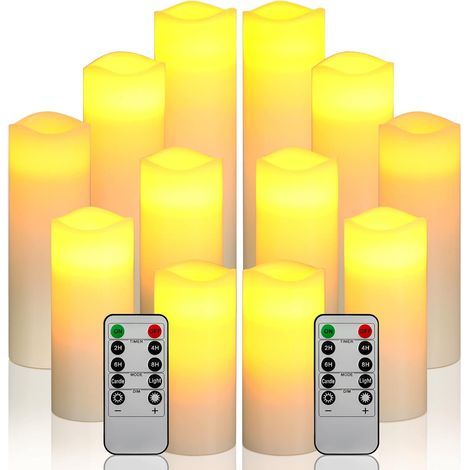 Set di 12 candele LED senza fiamma, a batteria, realizzate in vera cera color avorio con telecomando e timer (batterie non incluse). (1/5)