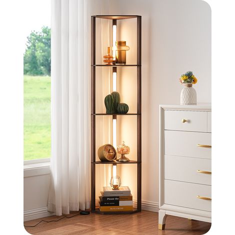 EDISHINE Stehlampe mit 4 Holz-Regal, Standleuchte Wohnzimmer, LED Dimmbar Stehleuchte 3-Farbtemperatur, Leselampe mit 360° Drehbarer Lichtmast