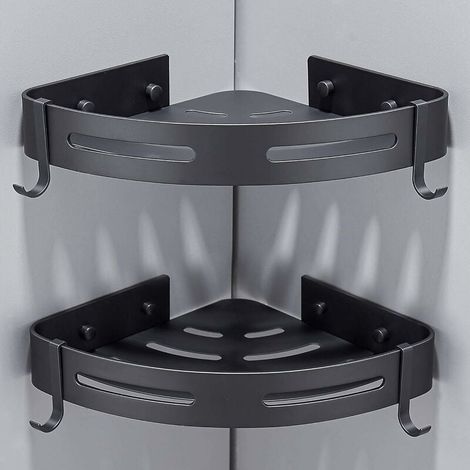 Set di 2 mensole angolari per doccia senza foratura, portaoggetti per doccia, accessorio per il bagno, porta sapone per doccia, alluminio antiruggine, con ganci, nero (1/3)