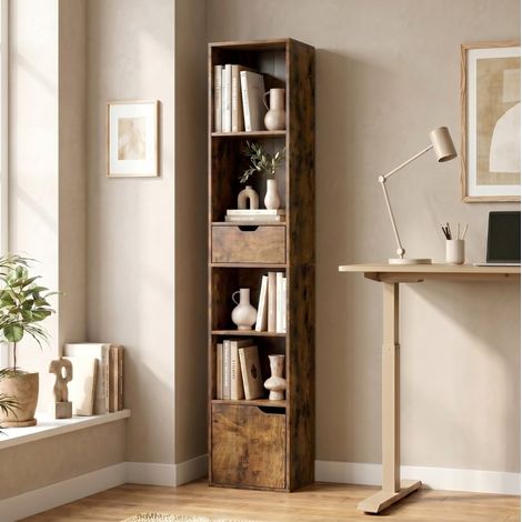 Estantería estrecha de 30 cm, 4 compartimentos, cajón y armario, estante ajustable, madera marrón rústica (1/5)