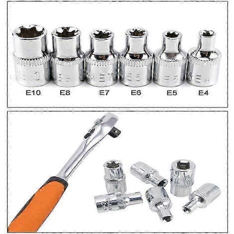 Jeu de 6 douilles Torx hexagonales 1/4" femelles E4 E5 E6 E7 E8 E10 en acier, accessoires pour outils à main (1/4)