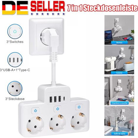 Multiprise Avec Prises Individuelles - 3 Prises Femelles + 3 USB + 1 USB-C - 5 V 3 4 A - Câble 0 5 M - Blanc (1/5)