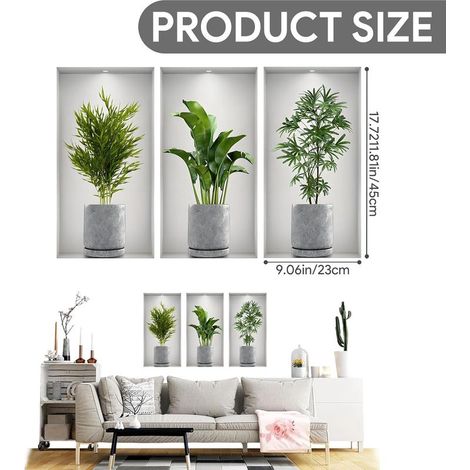 Set mit 3 3D-Wandaufklebern, selbstklebend, grüne Pflanzen, Vasen, Blumen, Wandbilder für Wohnzimmer, Schlafzimmer, Küche, Büro, wasserfeste PVC-Wandaufkleber, 23x45cm (B) (1/4)