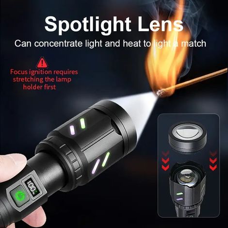 Nouvelle lampe torche laser blanche LED avec affichage numérique, zoom, peut allumer des feux d'artifice, lampe torche d'urgence, chargement USB-C, faisceau longue portée. (1/5)