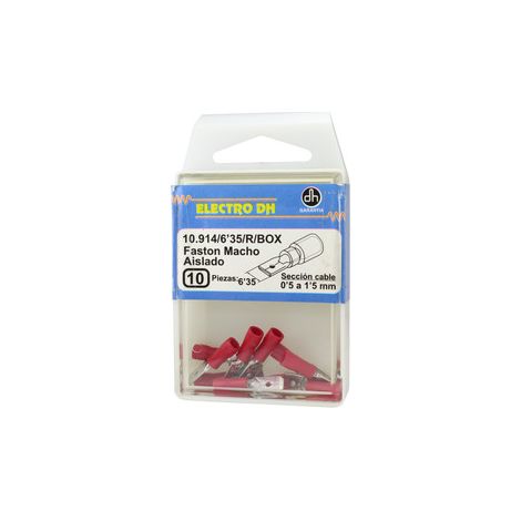 Caja 10 Terminal Faston macho aislado para cable 0'5-1'5 mm² 6'35 mm Color Funda Rojo Electro DH 10.914/6.3/R/BOX 8430552088188 (1/3)