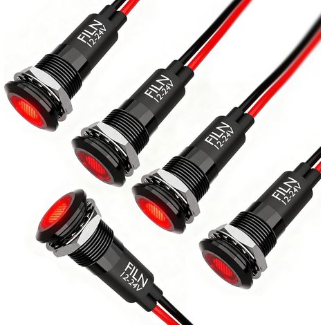 Lot de 5 lampes de signalisation LED 12 mm 1/2" - Boîtier en métal étanche IP67 - Voyant lumineux rouge - 12-24 V CC - Pour armoire électrique, voiture, véhicule, atelier, industrie (1/5)