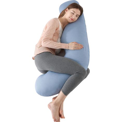 Coussin de Grossesse pour Dormir, Oreiller de Grossesse pour Femme Enceinte en Forme de J Support Coussin d'allaitement et Coussin de Maternité avec Housse Lavable, Refroidissement Bleu (1/5)