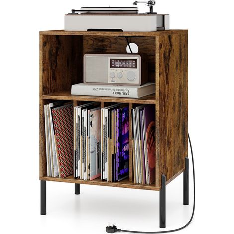 COSTWAY Vinyl Record Player Stand Turntable Stand w/Charging Station-Coffee (1/5)