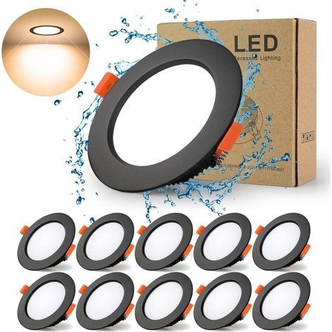 Spot Led Encastrable Noir Extra Plat, 10 Pack 7W 700LM = 70W incandescence, IP44, 3000K Blanc Chaud, AC 220-240V,Découpe 70-85mm,Rond ultraslim plafond encastré Pour salle de bain,Cuisine,Salon (1/5)