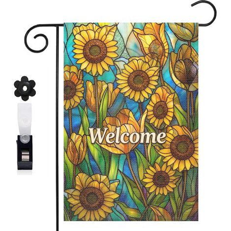 Drapeau de jardin tournesols et vitrail pour le balcon 30 x 45 cm décoration cour et balcon (1/5)