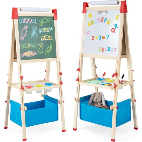 Costway – Tableau enfant double face en bois 44x40cm – Hauteur réglable 102-126cm – 60 accessoires inclus – Sac de rangement pour enfants 3-8 ans
