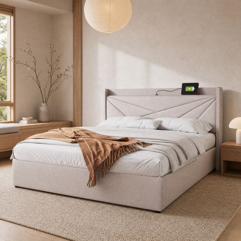 Letto matrimoniale imbottito con contenitore e porte USB USB-C 180x200 cm beige (1/5)