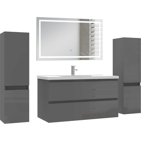 Ocean Ensemble de Meuble de salle de Bain 99cm Anthracite Haut Brillant avec Miroir LED, 2 colonnes 110 cm (1/5)