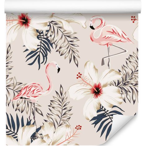 Papel pintado con flamencos, hojas y flores para salón y dormitorio, 50x1000 cm. (1/5)