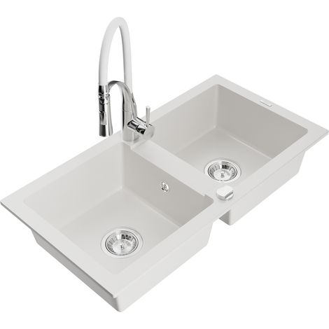 Mexen Mario évier en granit à 2 cuves avec robinet de cuisine Aster, blanc - 6504-20-73450-02 (1/5)