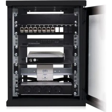 Cahors – Coffret de communication 10' noir 8U complet – 32 prises RJ45 – Châssis acier 50 kg – Porte en verre sécurit