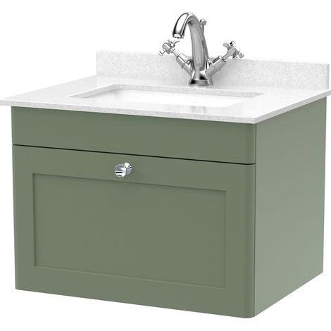 Swynnerton Traditional 1 Drawer Wall Hung Vanity Unit with Marble Basin, Satin Green, 600mm