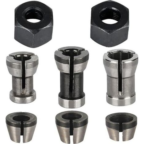 Jeu de 8 pinces de serrage, accessoires pour défonceuse Einhell, Katsu, Bosch et Dewalt, 6 adaptateurs de serrage (6 mm, 6,35 mm, 8 mm) + 2 écrous pour machine à graver (1/5)