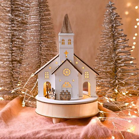 Village de Noël église lumineuse et musicale en bois LED 25 cm (1/4)