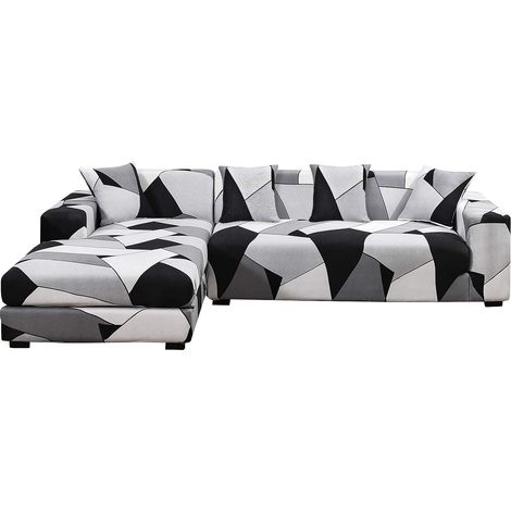 Lot de 2 Housses de canapé Angle en Forme de L Housses de Canapé Extensibles avec 4 Housses de Coussin pour Chaise Longue (3 Places + 3 Places, Blanc Gris) (1/5)