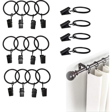 Set mit 16 Gardinenringen und Clips – Metall – Innendurchmesser: 35 mm – Mit Clips für Gardinen, Türgardinen und Duschvorhänge – Schwarz (1/5)