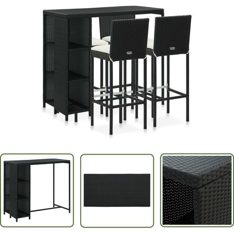 The Living Store 5-tlg. Gartenbar-Set mit Kissen Poly Rattan Schwarz - Gartenbar - Outdoor-Bar - Rattan-Bar - Gartenmöbeln - Balkonmöbel (1/5)