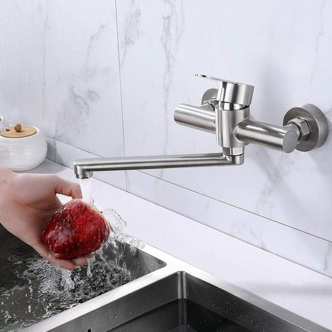 Wasserhahn Wandmontage, Drehbare Edelstahl Wasserhahn Küche Wandarmatur, Kalt und Heiß Einhebelmischer Küchenarmatur Wandmontage, 28cm 360°Schwenkarm, Gebürstet,Silber