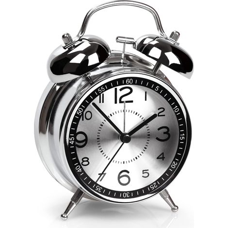 Réveil super fort pour adultes gros dormeurs, double sonnette rétro 10 cm, quartz silencieux non tic-tac avec veilleuse, cadran métal, horloge de chevet grise (1/5)