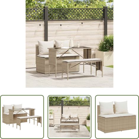 Gartenessgruppe - 3-tlg. Garten-Essgruppe mit Kissen Beige Poly Rattan (1/5)