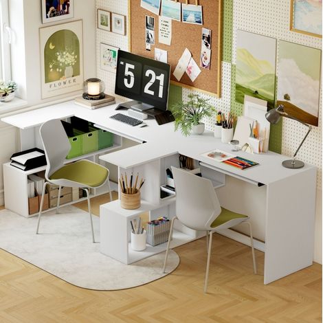 Scrivania angolare con vassoio tastiera e ripiani aperti, 120 x 100 x 76 cm, bianco, OKMYHOME (1/5)