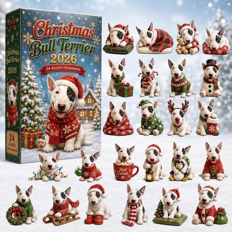 Calendario dell'Avvento 2026 2D con bulldog natalizio nella neve.