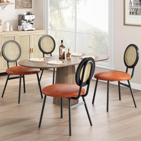 Lot de 4 Chaises de Salle à Manger Modernes en Rotin, Assise PU Rembourrée, Dossier Rond, Pieds Métal, Noir et Marron (1/5)