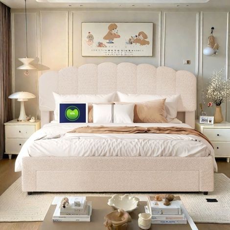 Doppelbett 140x200 cm in Beige mit USB-Anschluss und 1 Schublade am Fußende, Bettgestell für Erwachsene 140x200 cm, Lattenrost, Beige (1/5)