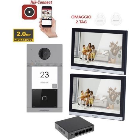 KIT VIDEOCITOFONO VILLA HIKVISION 2 MONITOR 7 POLLICI APP TELECAMERA 2MPX
