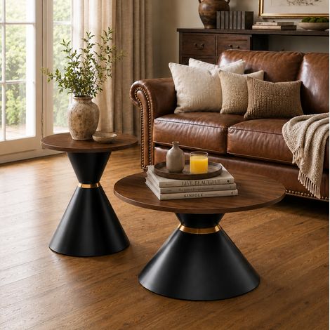 Tavolini bassi rotondi set 2, impilabili, noce/metallo nero, design conico, Ø70/50 cm DESVIAE (1/5)