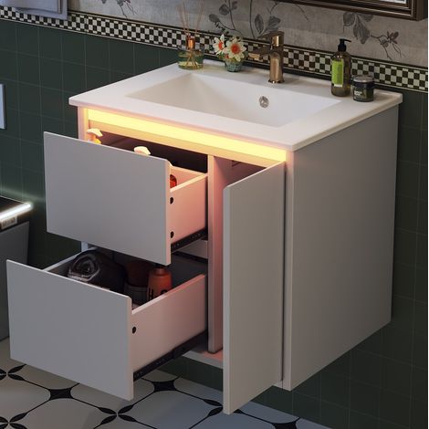 6146.557cm, wandmontierter Waschtisch, komplett lackiert, LED-Radarsensorleuchte, Soft-Close-Scharniere, integriertes Waschbecken, weiß. (1/5)