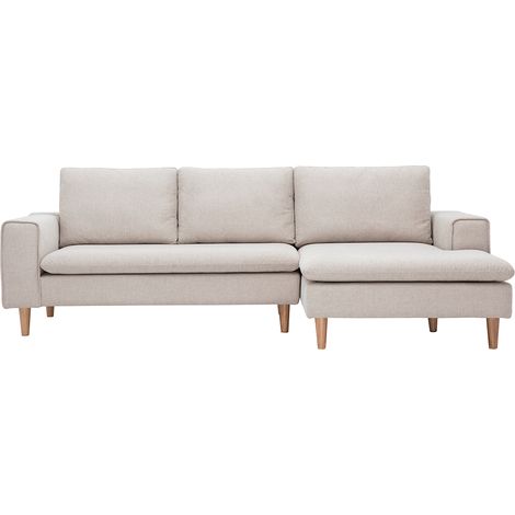 Ecksofa rechts in beigem Samteffekt Textilstoff und hellem Holz RAGNAR