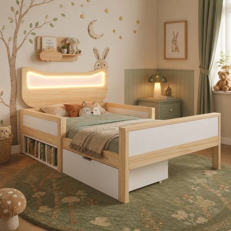 Lit enfant 90x190 cm doté d'une tête de lit chat LED RGB, tiroir et niche réversibles, barrières de sécurité, Blanc et Chêne (Sans matelas) (1/5)