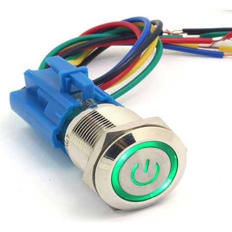 1 Bouton-poussoir momentané 19 mm, LED œil d'ange vert, métal 12 V, pour tableau de commande (1/5)