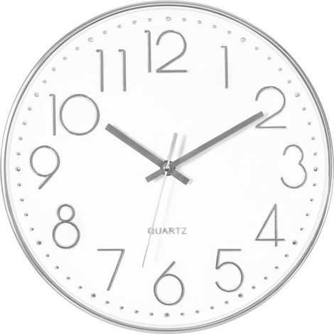 Horloge murale argentée, silencieuse, sans tic-tac, fonctionne à piles, ronde et moderne, pour bureau, école, décoration de la maison, 12 pouces (1/5)