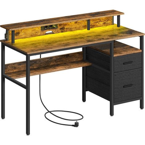 Bureau gaming avec lumières led et multiprise 55 x 135 x 90 cm bureau informatique avec support d'écran table avec rangement 2 tiroirs 2 ports usb pour bureau noir boisé (1/5)