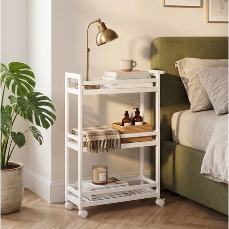 OKMYHOME Küchenwagen mit 3 Bambusablagen, Rollen und Bremsen, 55 x 20 x 75 cm, Weiß (1/5)