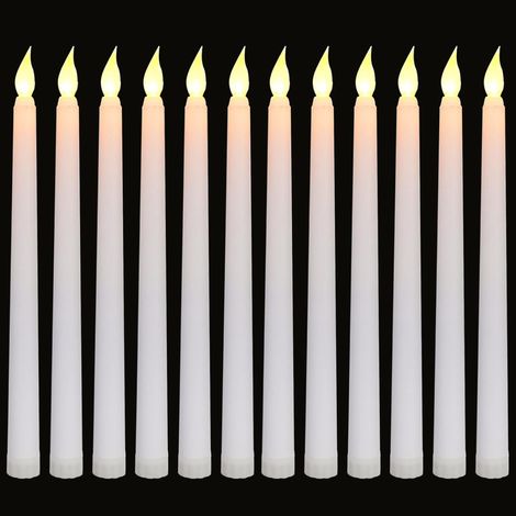Lot de 12 bougies coniques sans flamme - Bougeoirs LED vacillants de 28 cm avec minuterie 6 heures (sans télécommande) - Bougies électriques factices à piles - Idéales pour la maison, les mariages, le (1/5)