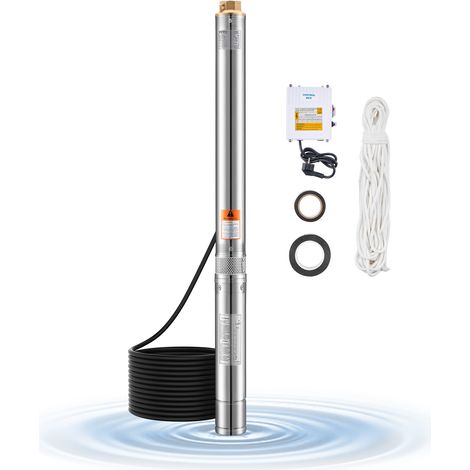 VEVOR Pompa Sommergibile per Pozzi Profondi IP68, Potenza in Uscita 550 W, 230 V, Portata 100 L/min, Prevalenza 53 m, con Cavo da 20 m, Pompa per Acqua in Acciaio Inox per Irrigazione Industriale