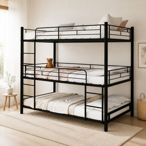 Cama litera triple (192x92x192 cm), con barandillas continuas, dos escaleras integradas, metal, negro (1/5)