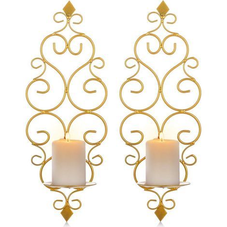 Lot de 2 Bougeoirs Photophore Chandelier Porte Bougie Mural Murale Muraux en Métal, Bougeoir pour Mur Chambre Salle de Bains Salon Decoration, Or- (1/5)
