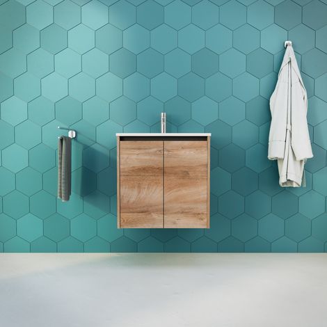 Inda - Badezimmerschrank B.60 mit glänzendem Waschbecken / Natureiche 2 Türen - Saphir