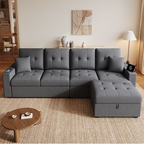 Sofá modular en L con puf flexible, almacenaje oculto, luces LED, USB y Type C, lino gris antiguo (1/5)